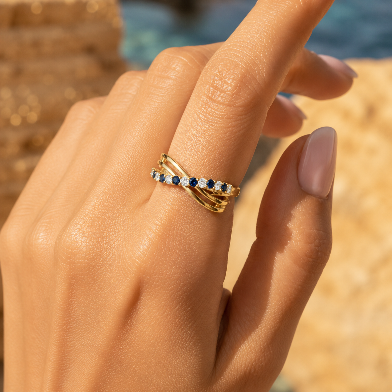 18K gold CVD diamond ring 0.245ct VVS elegant fine ring closeup hand shot with blue diamonds