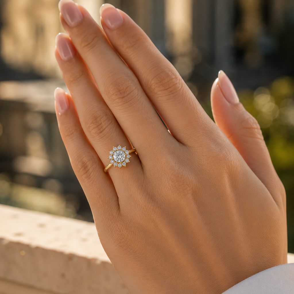 18K gold CVD diamond engagement ring 0.42ct VVS closeup hand shot with brilliant halo diamonds