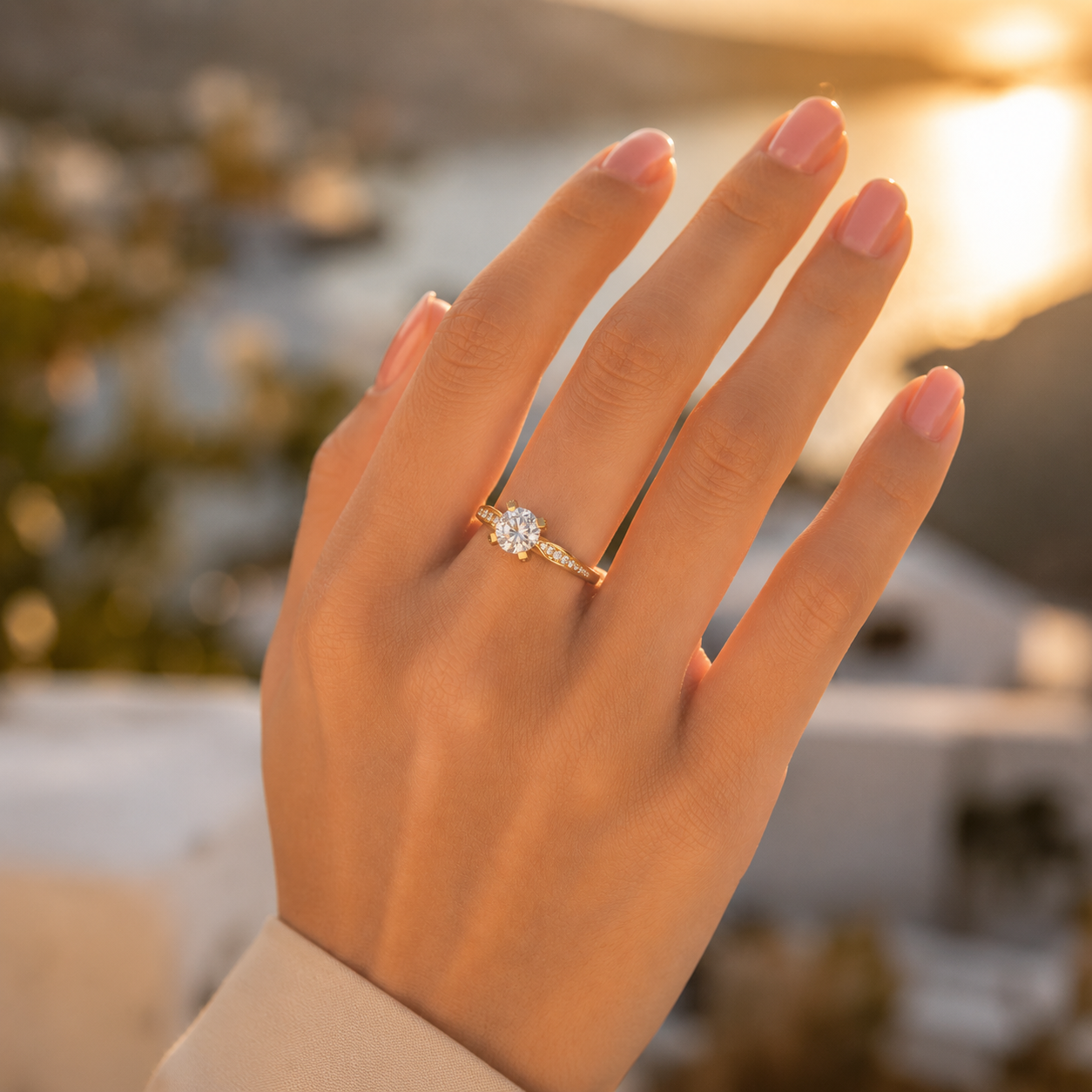 18K gold CVD diamond engagement ring VVS EF 6.5 US closeup hand shot with brilliant diamond shine