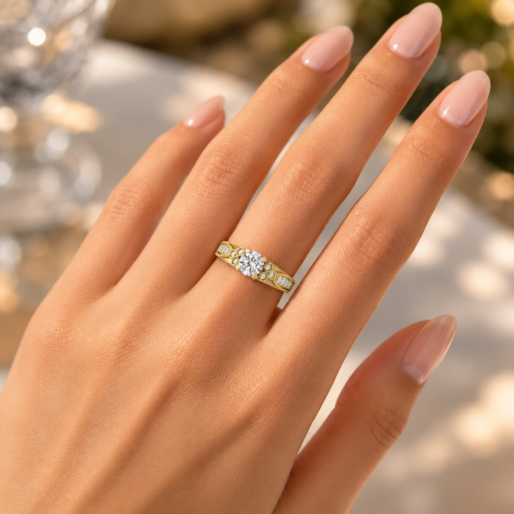 Woman wearing 18K gold CVD diamond engagement ring with VVS GH quality