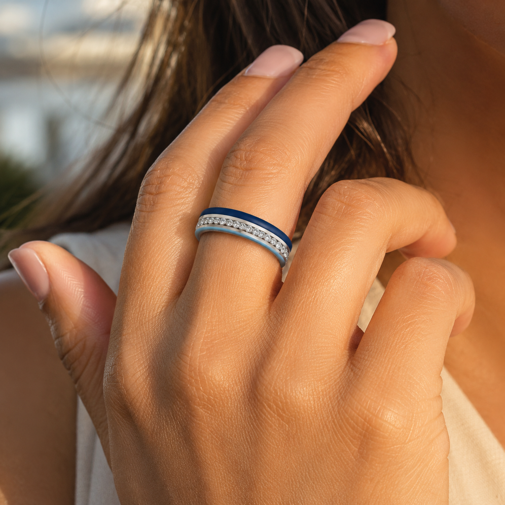 925 silver CVD diamond enamel ring minimal luxury design closeup hand shot with blue enamel detail