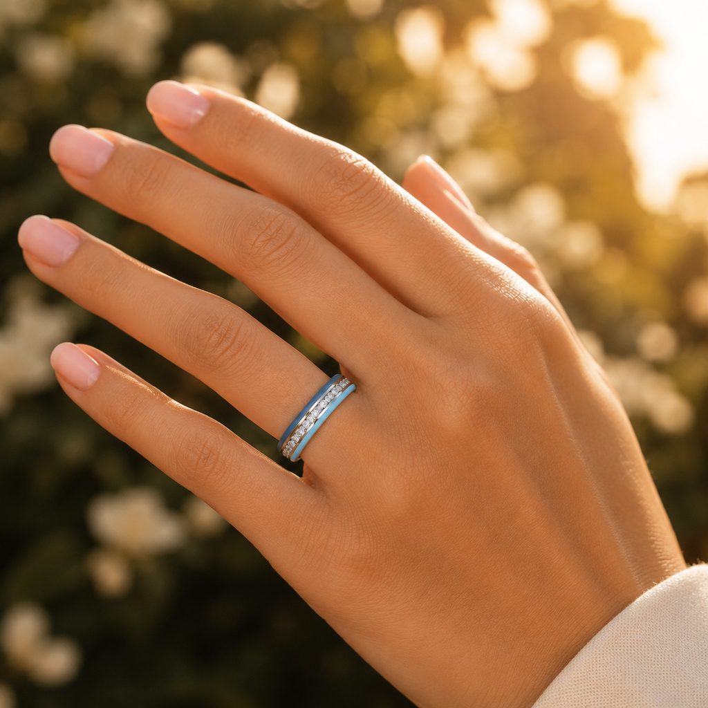 925 silver CVD diamond enamel ring VVS EF finish closeup hand shot with elegant blue enamel band