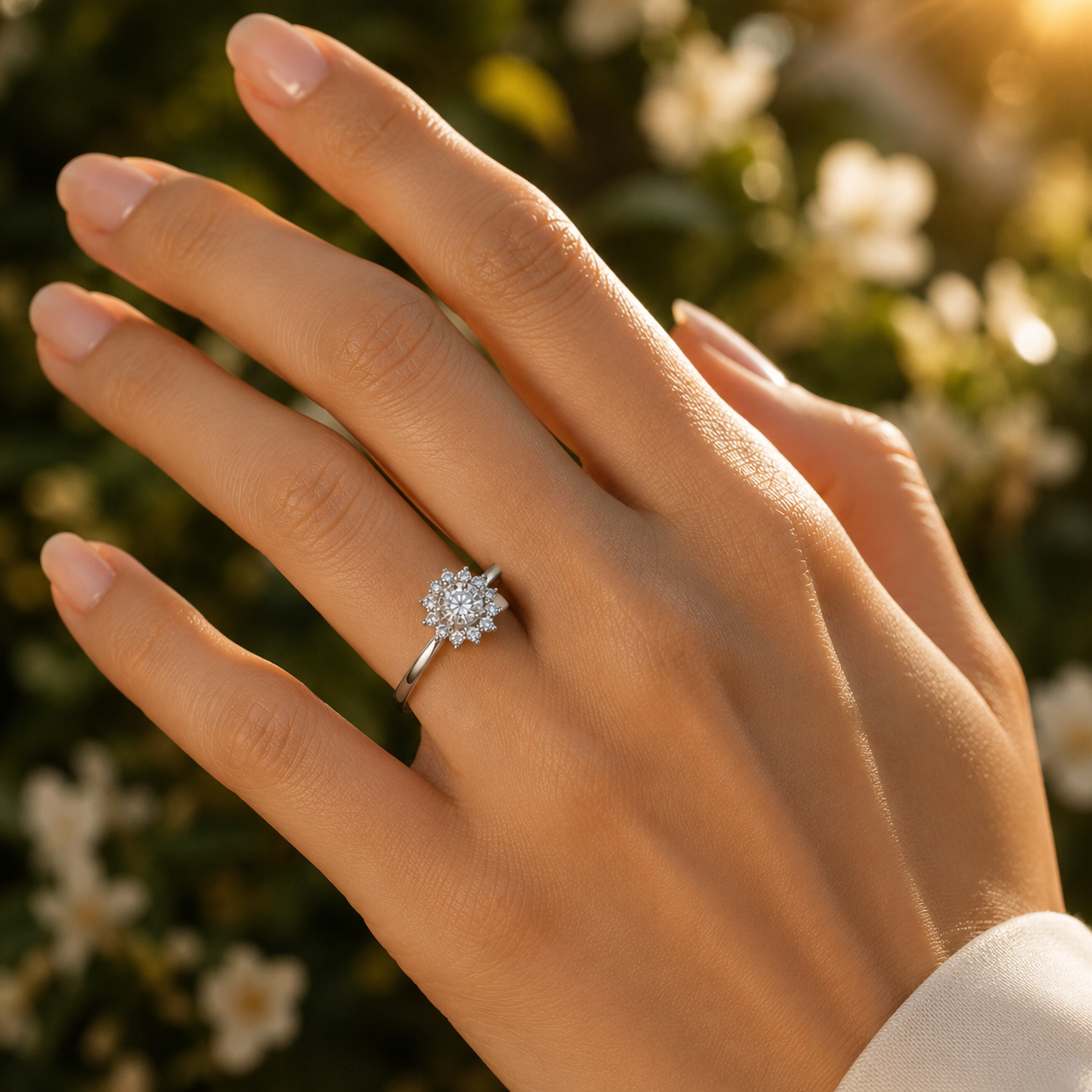 Silver CVD diamond engagement ring 0.42ct VVS elegant closeup hand shot with brilliant diamond sparkle