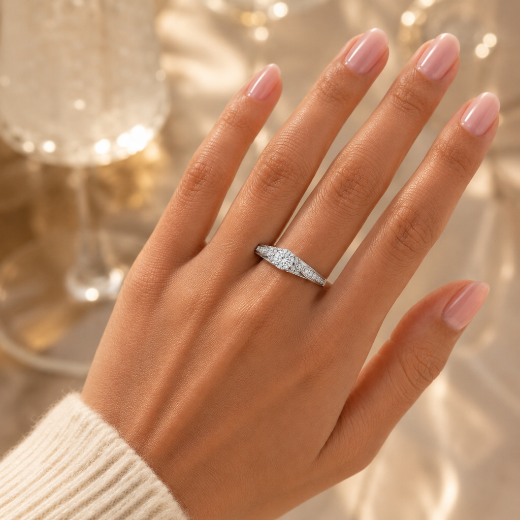 Woman wearing silver CVD diamond engagement ring with VVS GH clarity