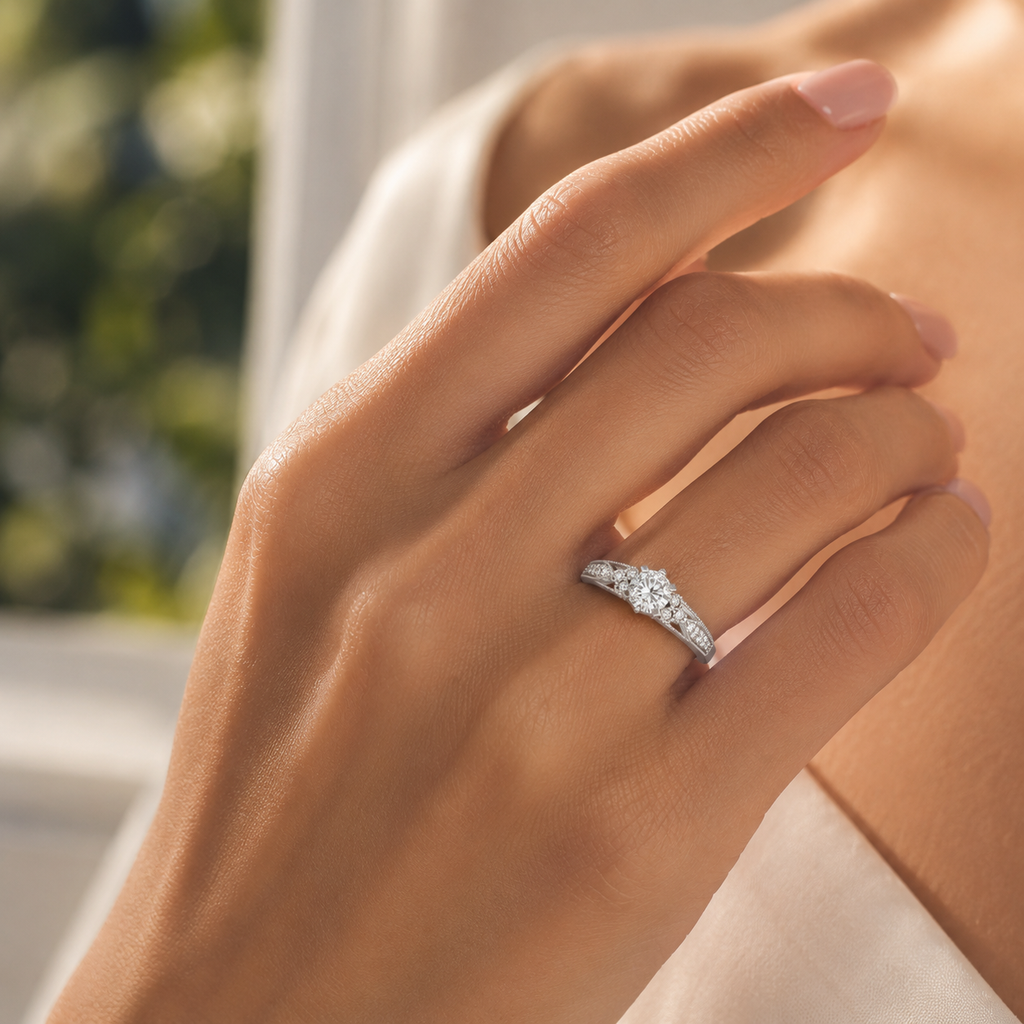 Woman wearing 925 silver CVD diamond engagement ring with VVS clarity