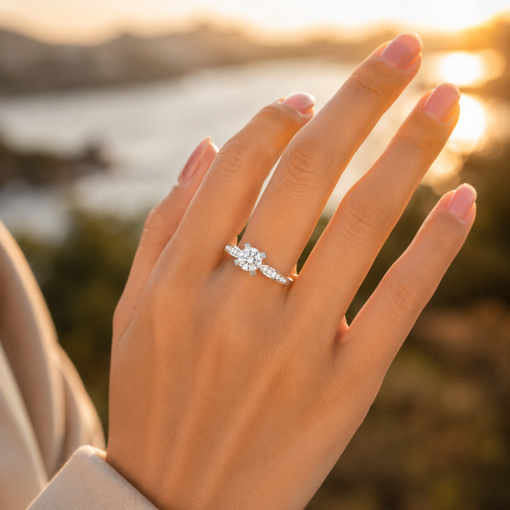 925 silver CVD diamond engagement ring VVS EF elegant closeup hand shot with sparkling solitaire diamond