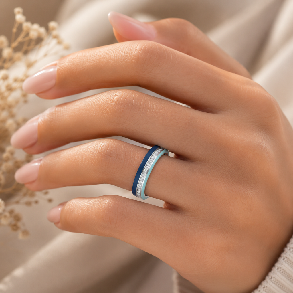 925 silver CVD diamond enamel ring minimal luxury design worn on hand with diamond band