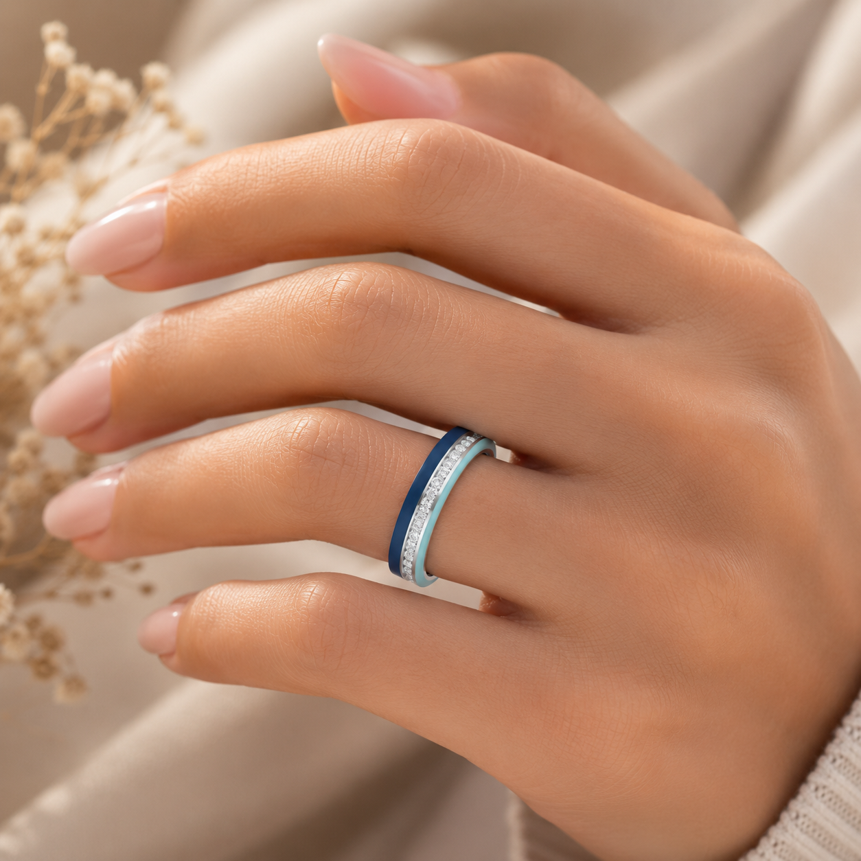 925 silver CVD diamond enamel ring minimal luxury design worn on hand with diamond band