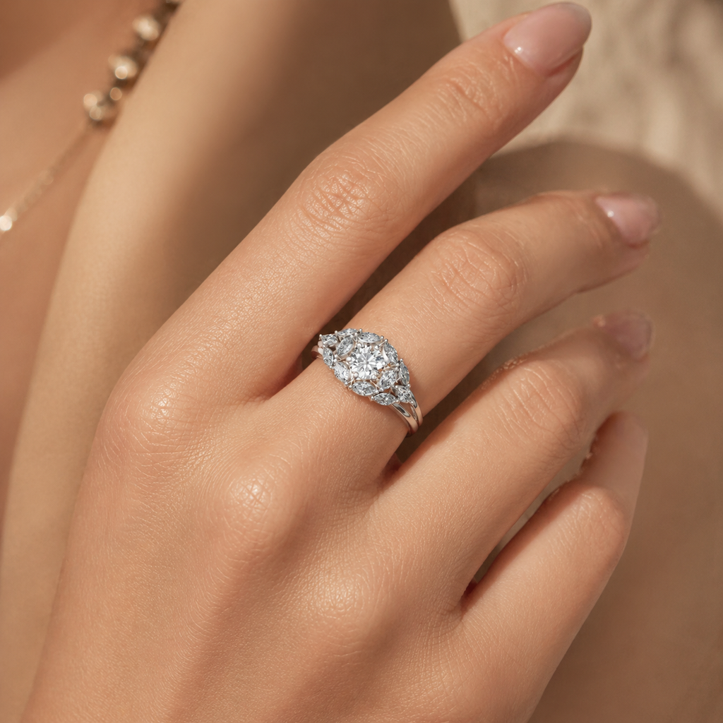 Silver CVD Diamond Engagement Ring VVS Elegant Design