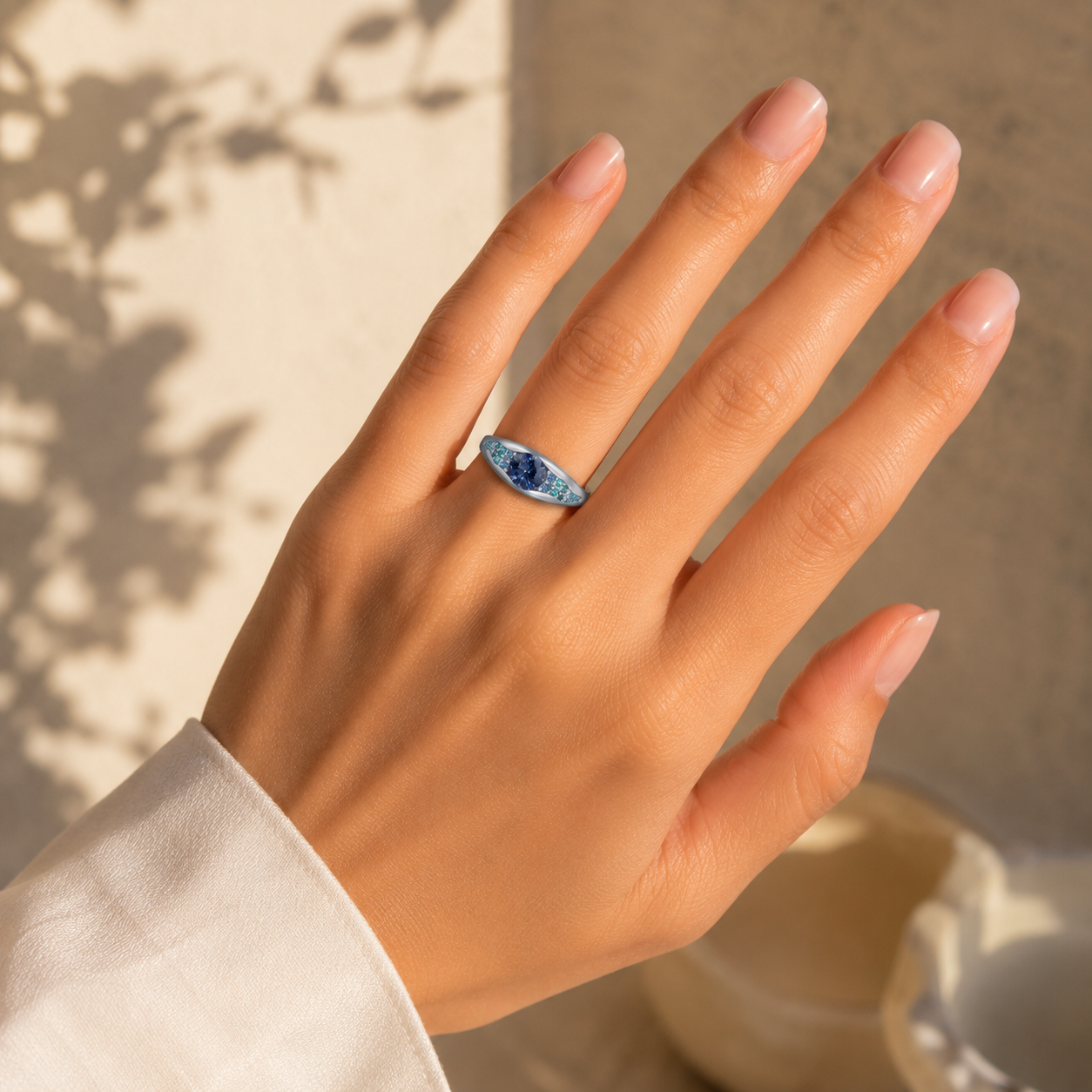 925 silver CVD diamond engagement ring VVS sparkle 0.014CT worn on hand with blue centre diamond