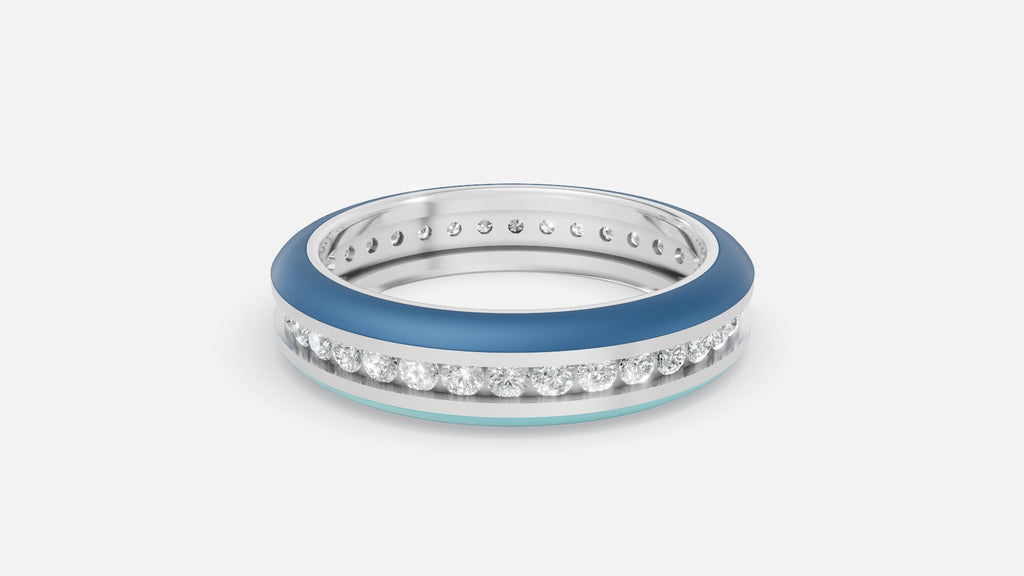 925 silver CVD diamond enamel ring VVS EF finish with blue enamel and diamond row front view
