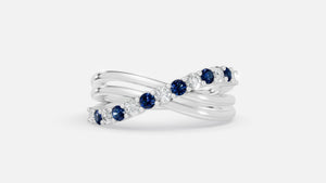 Blue & White CVD Diamond Crossover Ring in 925 Silver
