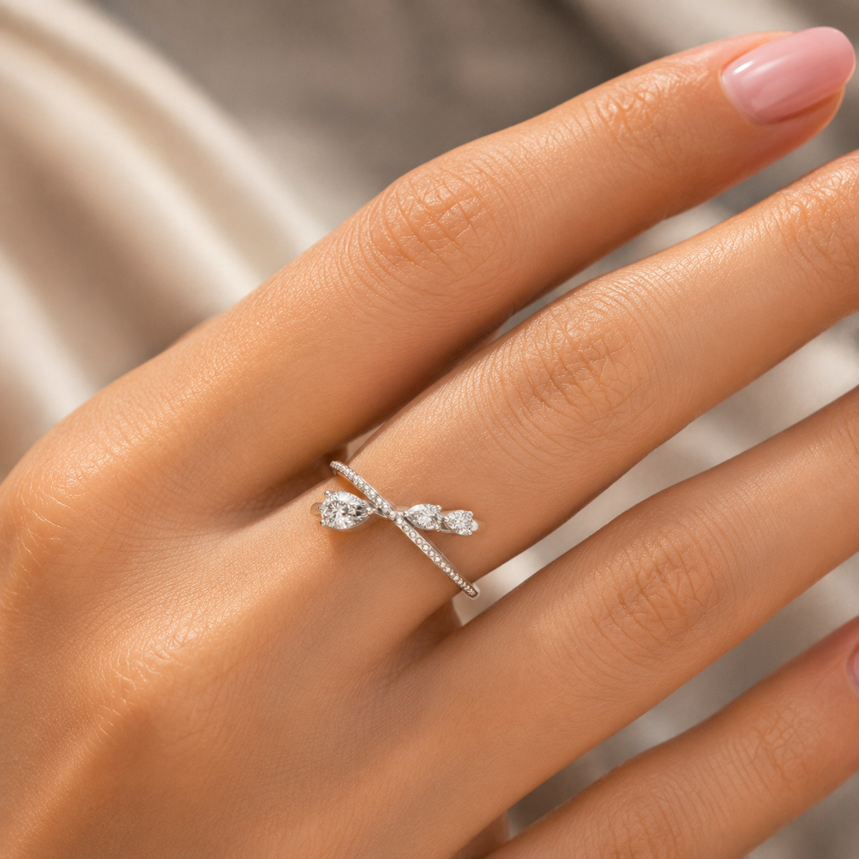 Silver Criss Cross Diamond Ring on Finger