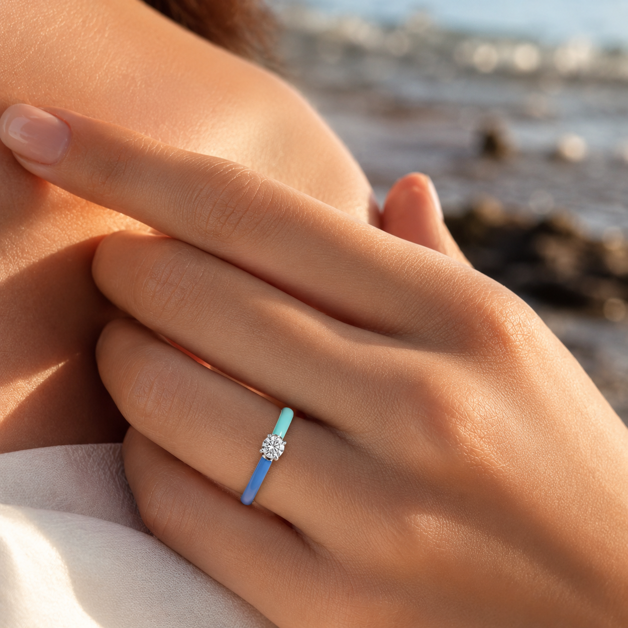 Silver Diamond Enamel Ring – VVS CVD Diamond Minimal Design