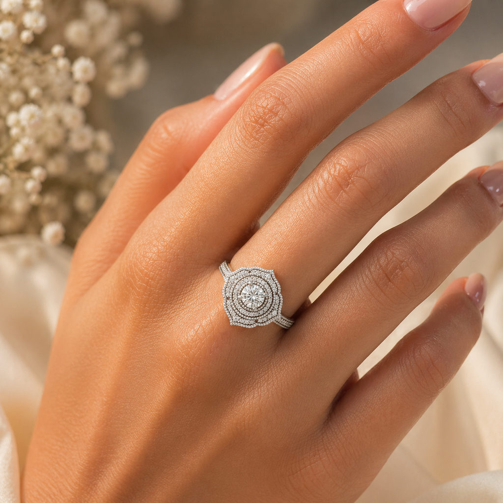 925 silver CVD diamond engagement ring VVS EF elegant ring worn on hand closeup