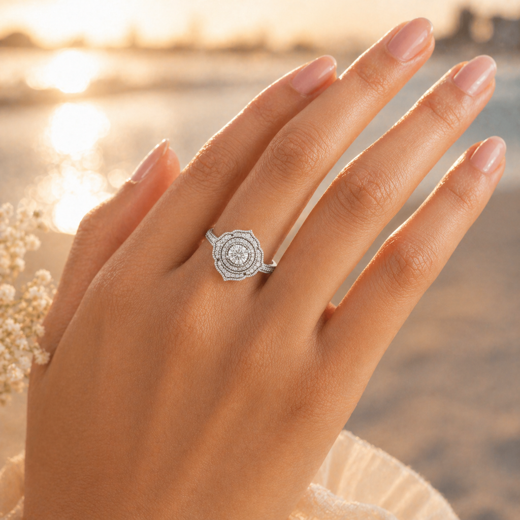 925 Silver CVD diamond engagement ring VVS EF elegant lifestyle hand shot outdoors