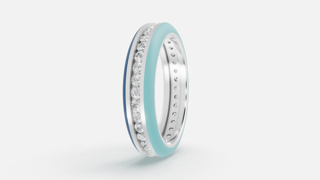925 silver CVD diamond enamel ring VVS EF finish angled view with blue enamel luxury band