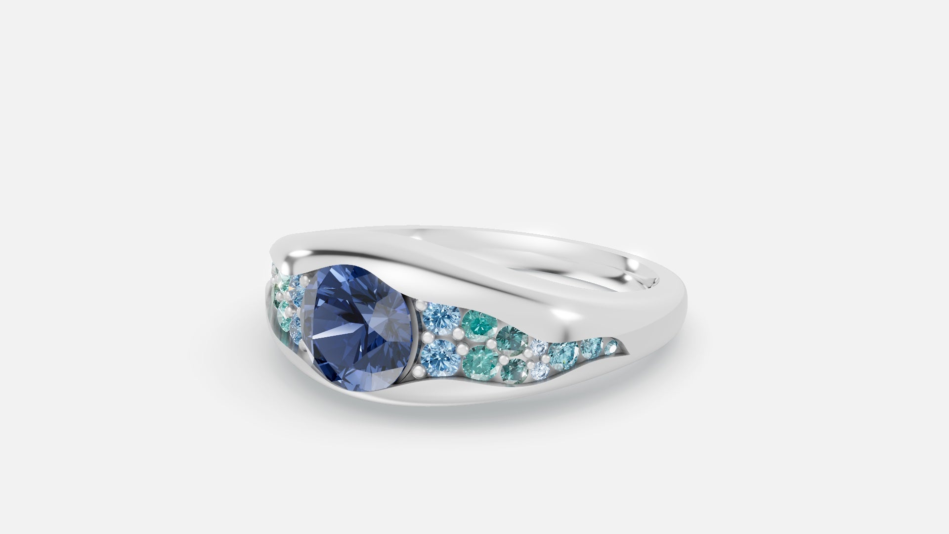 925 silver CVD diamond engagement ring VVS sparkle 0.014CT angled design with blue and aqua stones