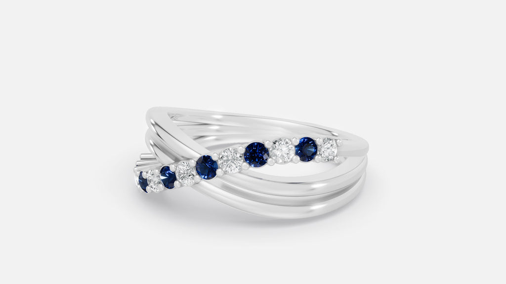 925 silver CVD diamond ring with blue stones angle view for women