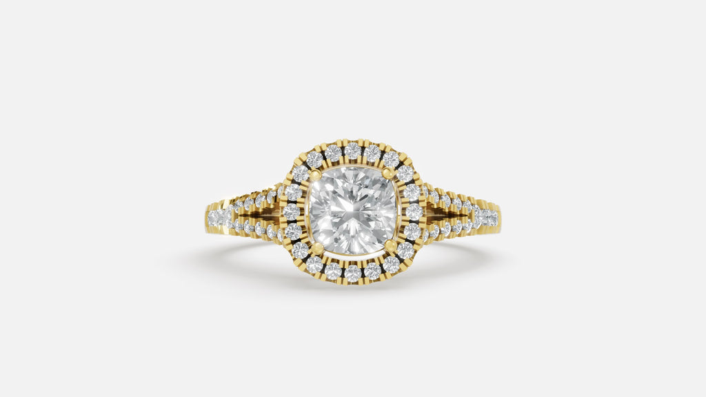 18K Gold Cushion Halo Diamond Ring – Split Shank Luxury Ring