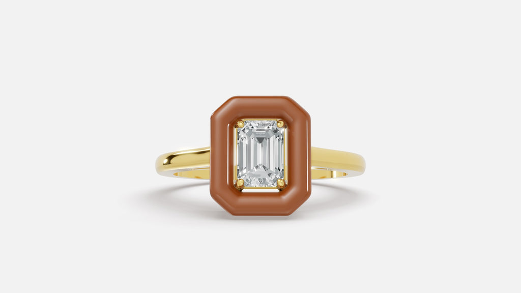 Caramel Halo Emerald Cut Lab Grown Diamond Ring in Gold Front View