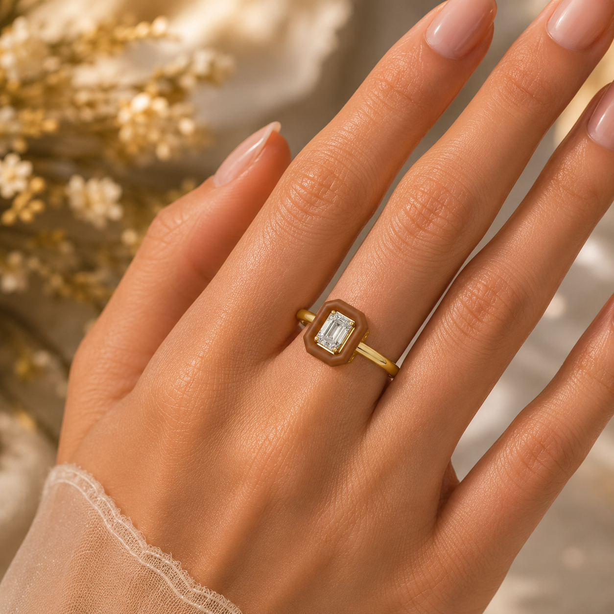 Caramel Halo Emerald Cut Lab Grown Diamond Ring in Gold Hand View
