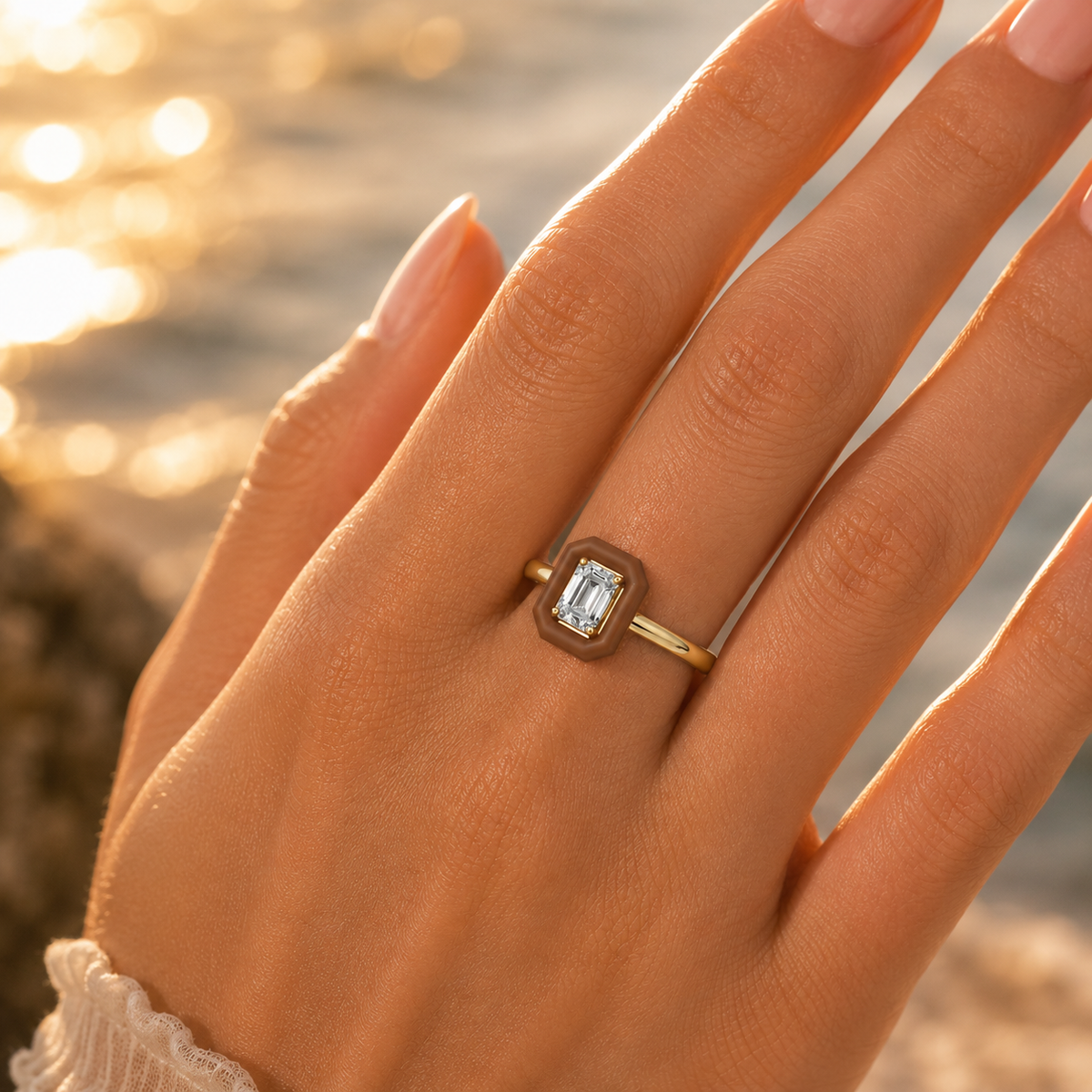 Caramel Halo Emerald Cut Lab Grown Diamond Ring in Gold Lifestyle View