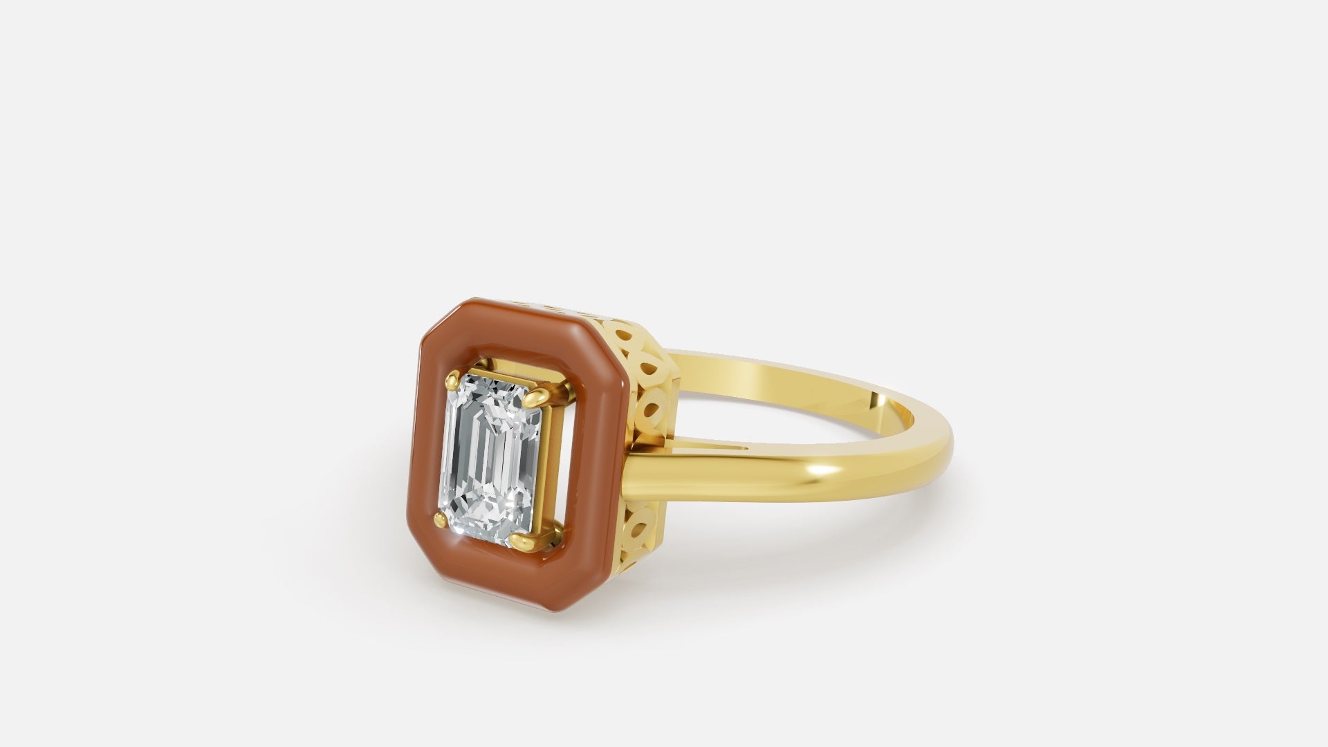Caramel Halo Emerald Cut Lab Grown Diamond Ring in Gold Side View