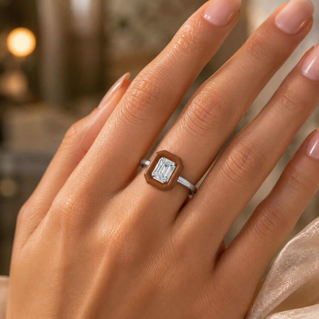 Caramel Halo Emerald Cut Lab Grown Diamond Ring in Silver Hand View