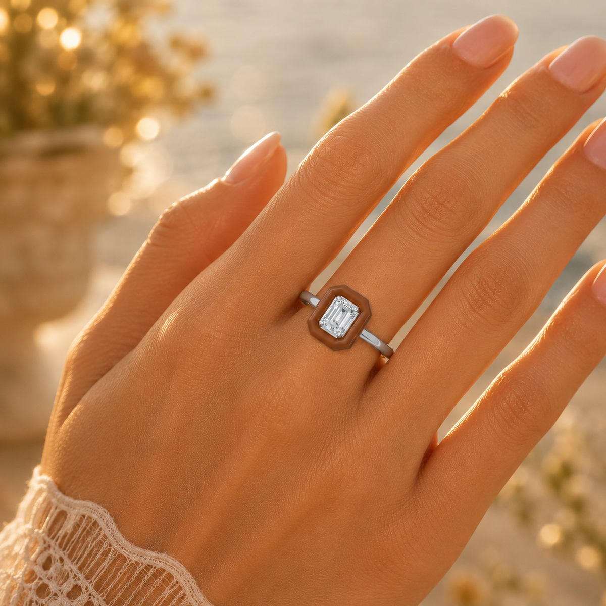 Caramel Halo Emerald Cut Lab Grown Diamond Ring in Silver Lifestyle View