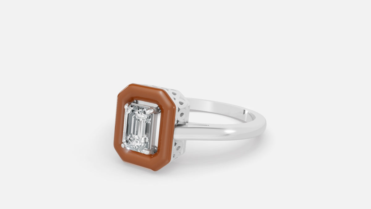 Caramel Halo Emerald Cut Lab Grown Diamond Ring in Silver Side View