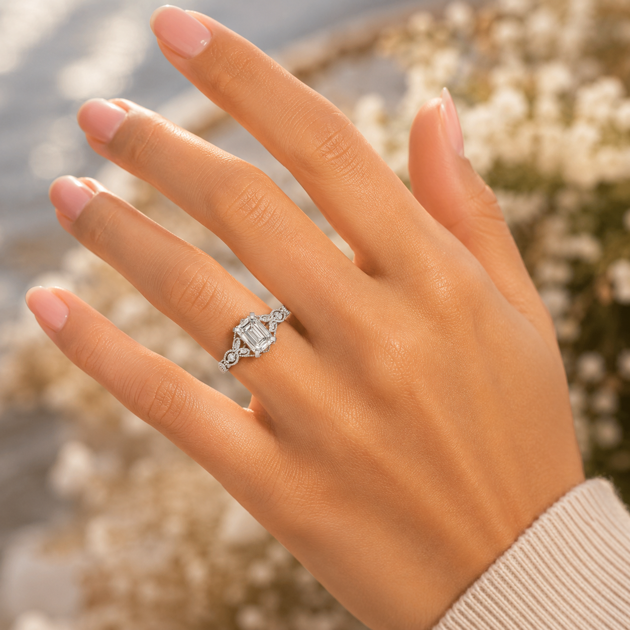Elegant sterling silver CVD diamond engagement ring worn on hand closeup
