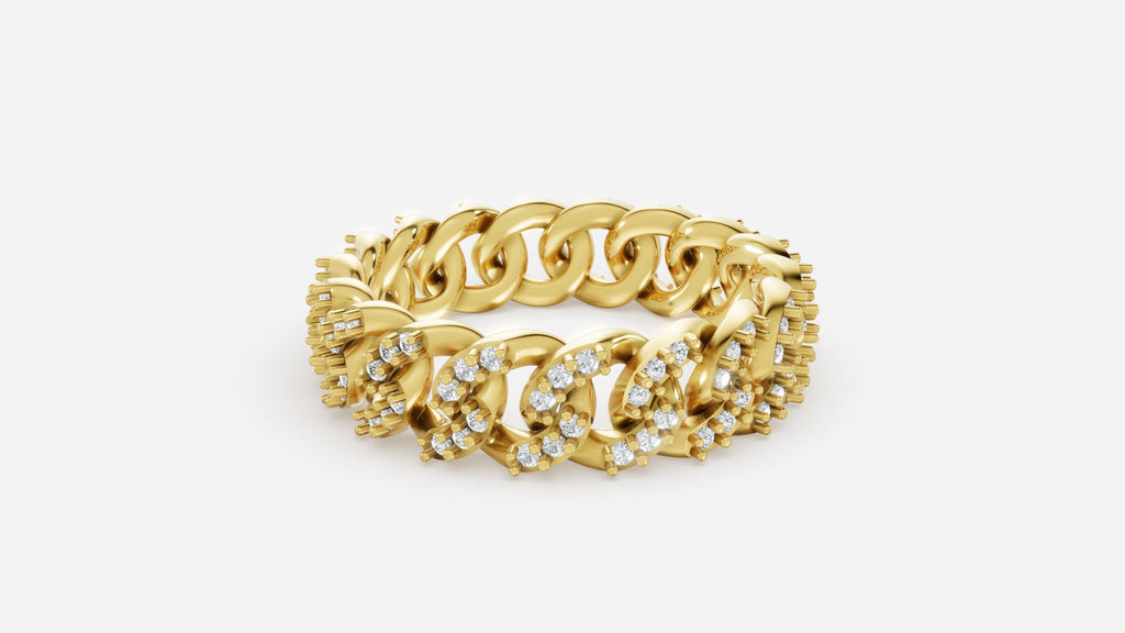 Diamond Cuban Link Eternity Band Ring in 18K Yellow Gold Side View