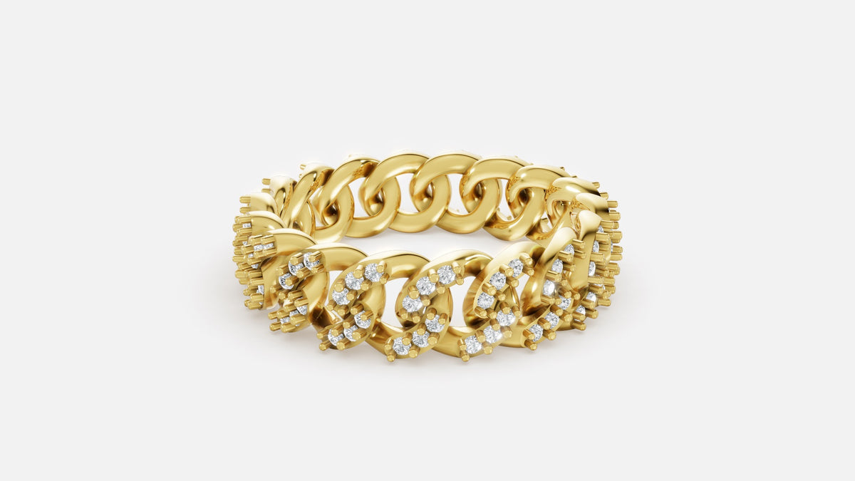 Diamond Cuban Link Eternity Band Ring in 18K Yellow Gold Side View