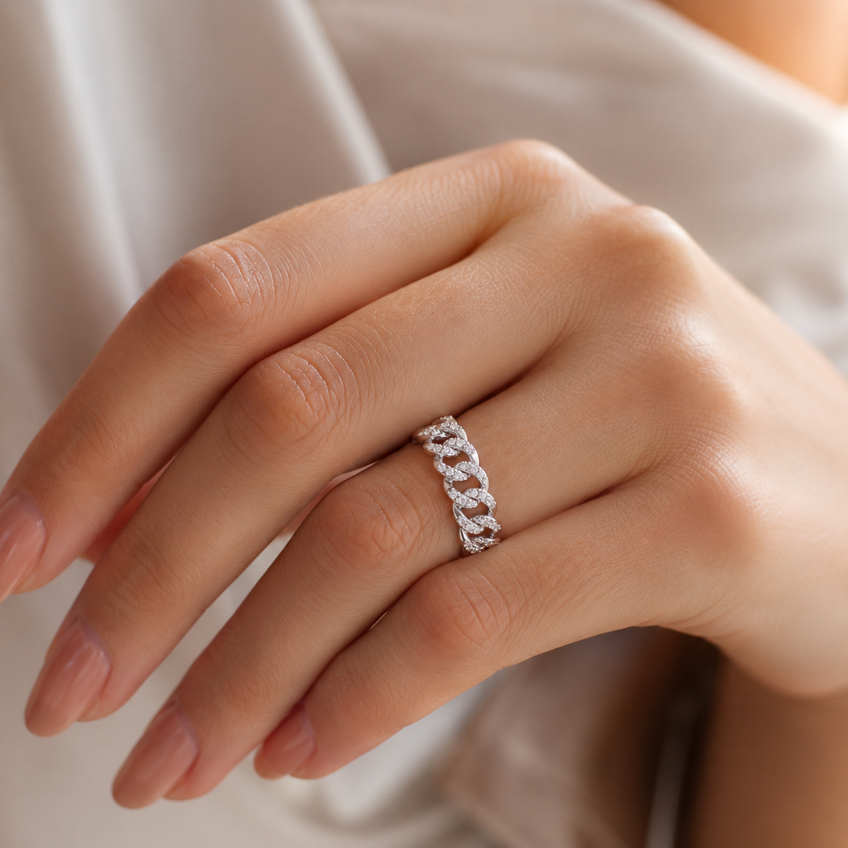 Diamond Cuban Link Eternity Band Ring in 925 Silver Close Hand View