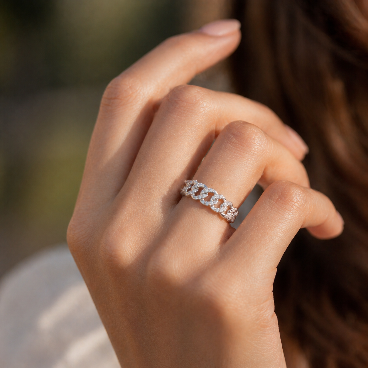 Diamond Cuban Link Eternity Band Ring in 925 Silver lifestyle View