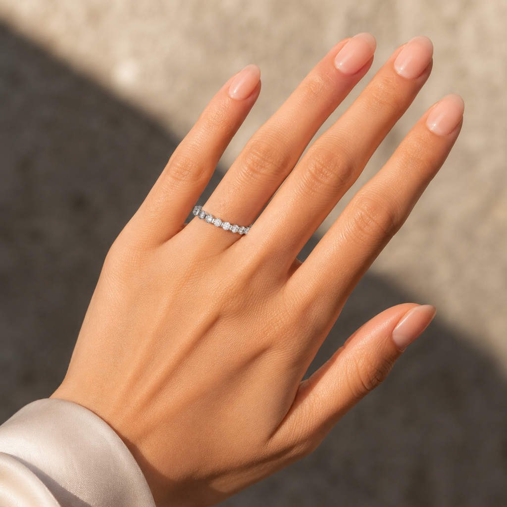925 silver VVS CVD diamond half eternity ring worn on hand closeup