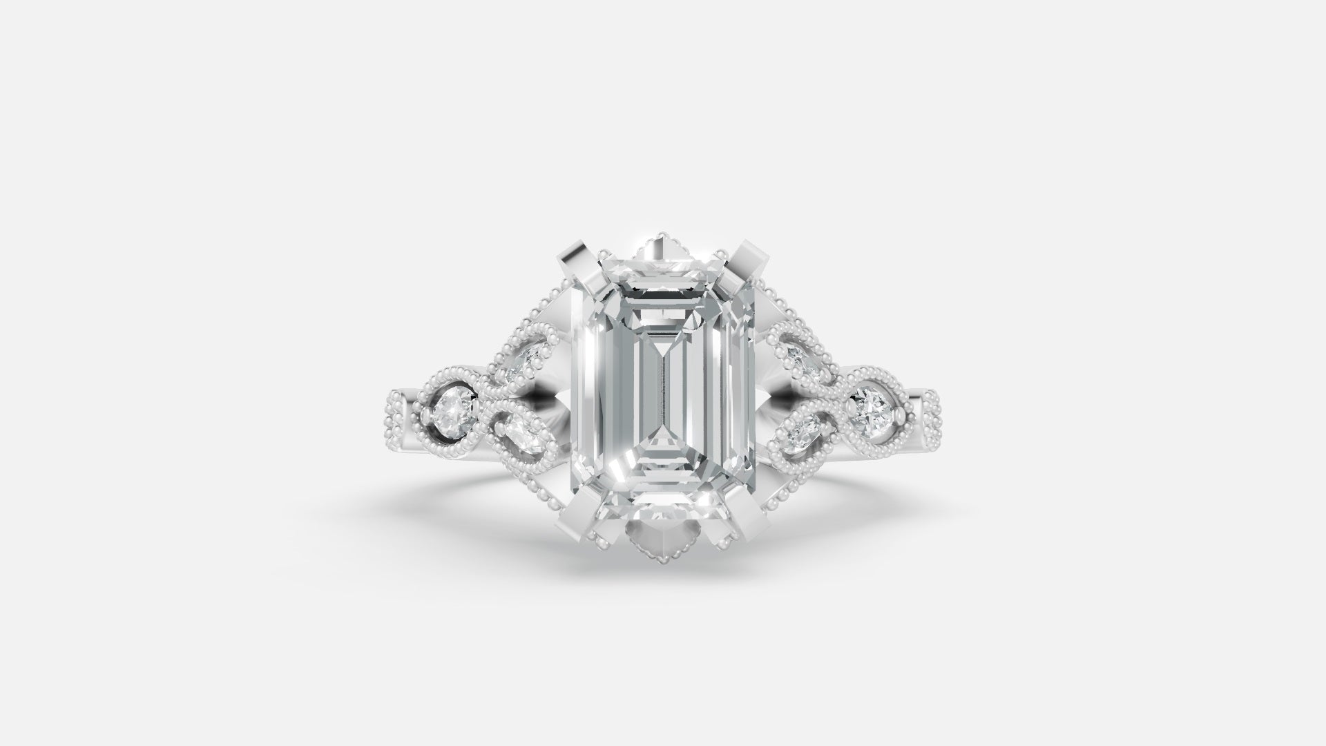 Sterling silver emerald cut CVD diamond engagement ring 2.08 ct front view