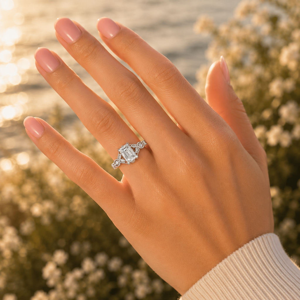 2.08 ct emerald cut CVD diamond engagement ring lifestyle hand shot