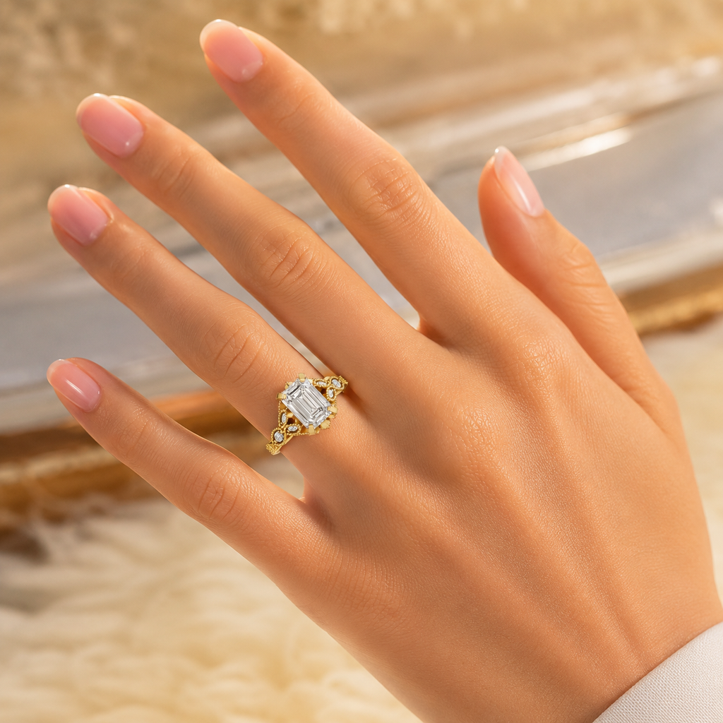 Elegant 18K gold CVD diamond engagement ring worn on hand closeup