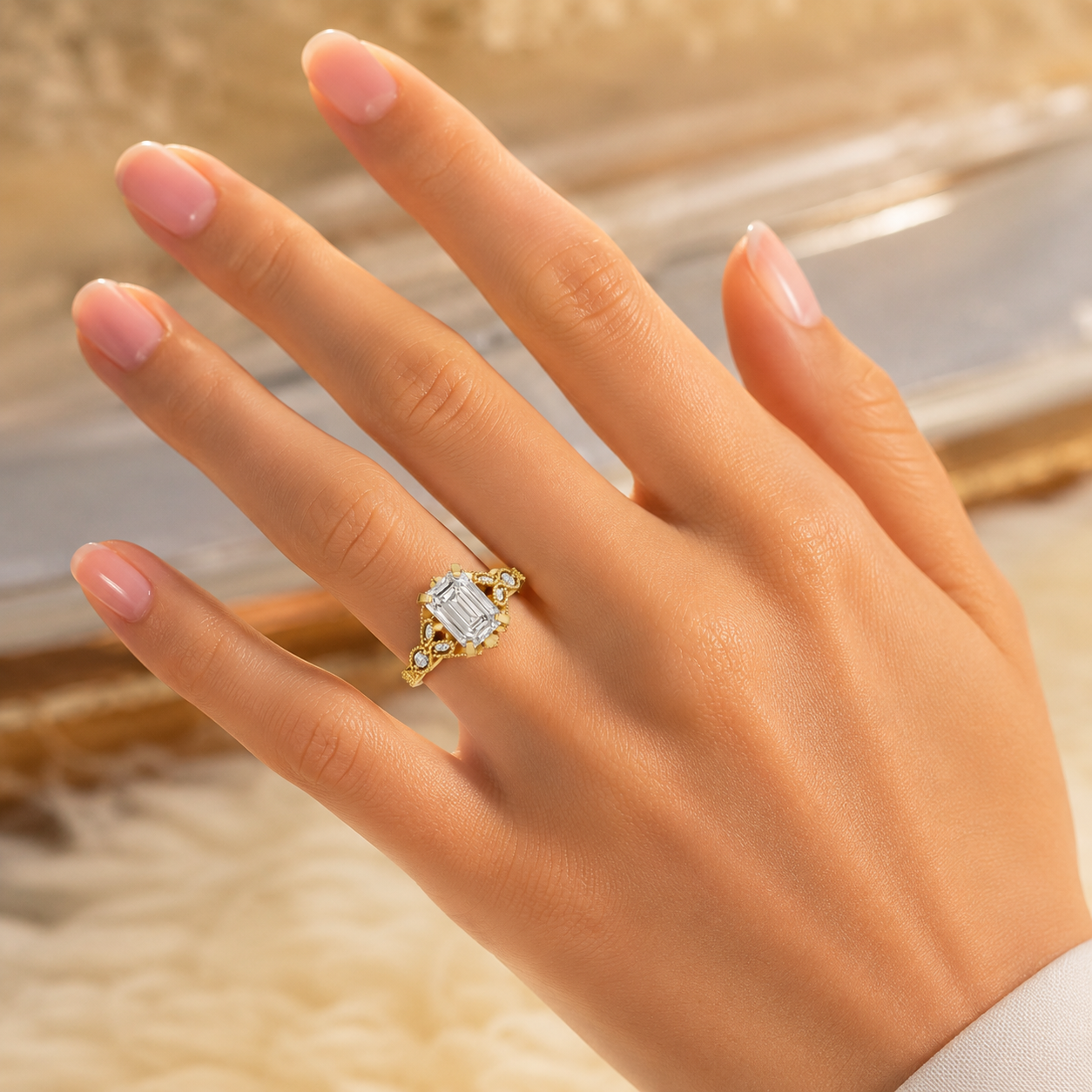 Elegant 18K gold CVD diamond engagement ring worn on hand closeup