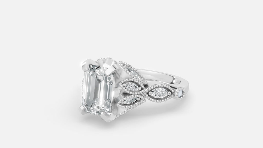 Luxury sterling silver CVD diamond engagement ring with emerald cut stone side