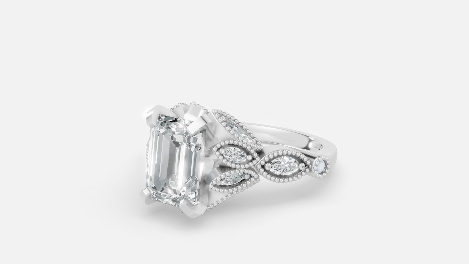 Luxury sterling silver CVD diamond engagement ring with emerald cut stone side