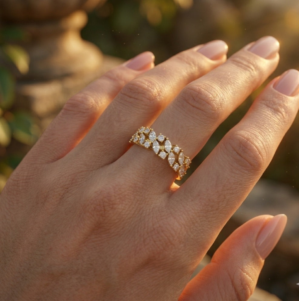 Gold Marquise and Round Diamond Engagement Ring Hand Model View