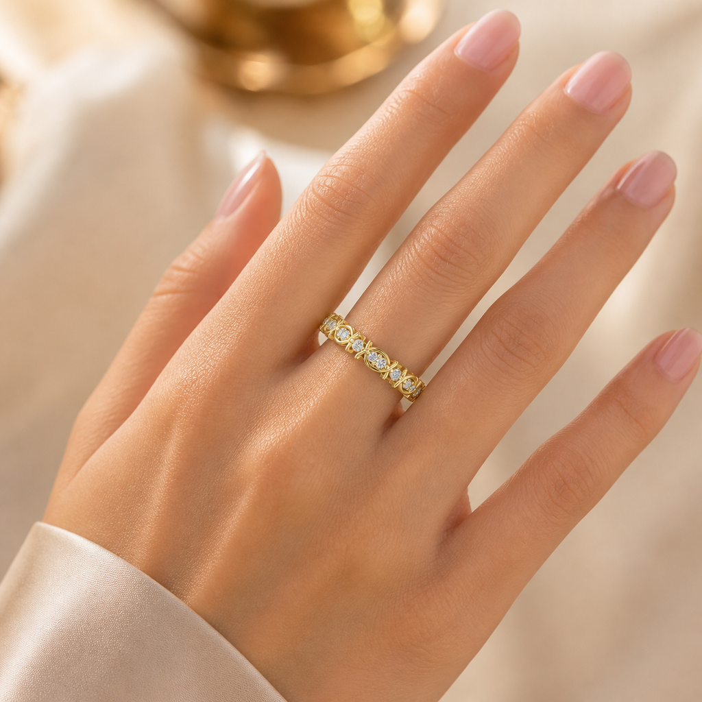 Gold Marquise Wedding Band with Round CVD Diamonds on Hand
