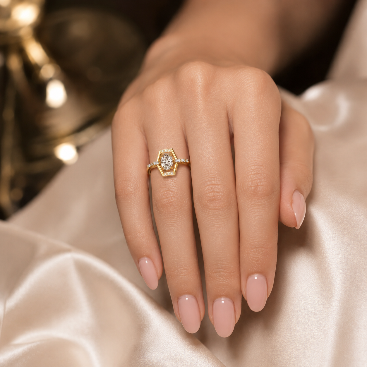 Woman wearing 18K gold oval diamond full eternity ring with VVS G-H diamonds