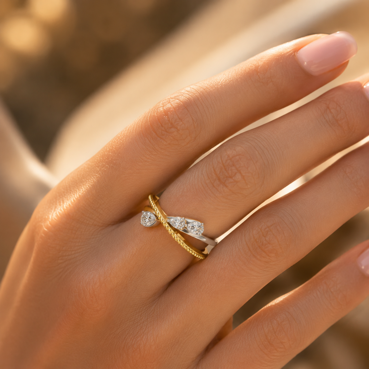 Woman wearing 18K gold pear cut CVD diamond ring