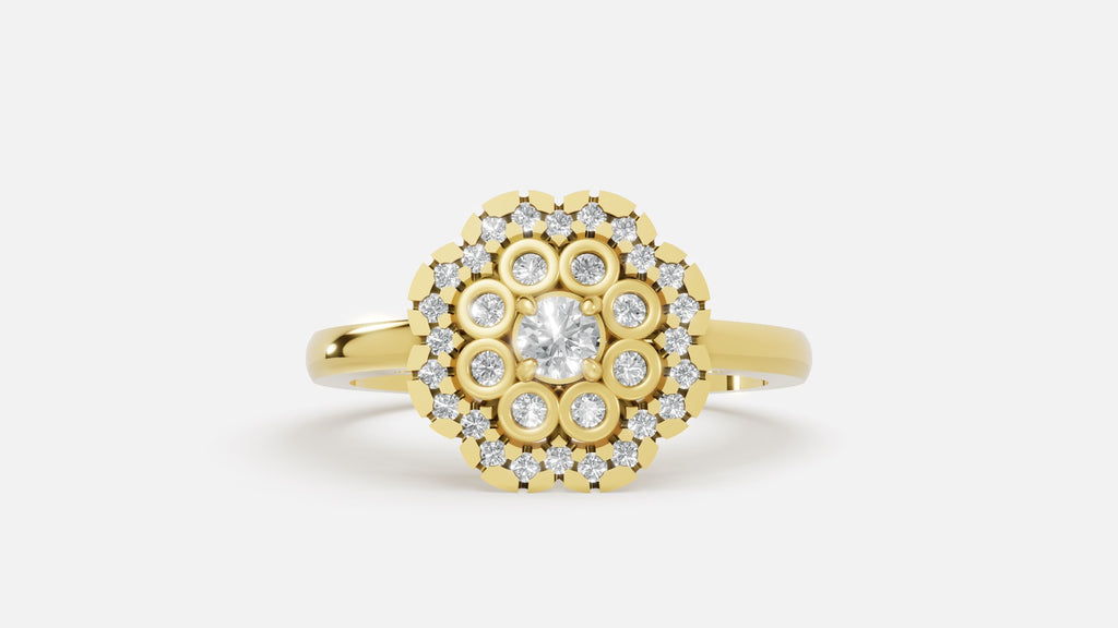 Gold Round Cluster Diamond Halo Ring Front View