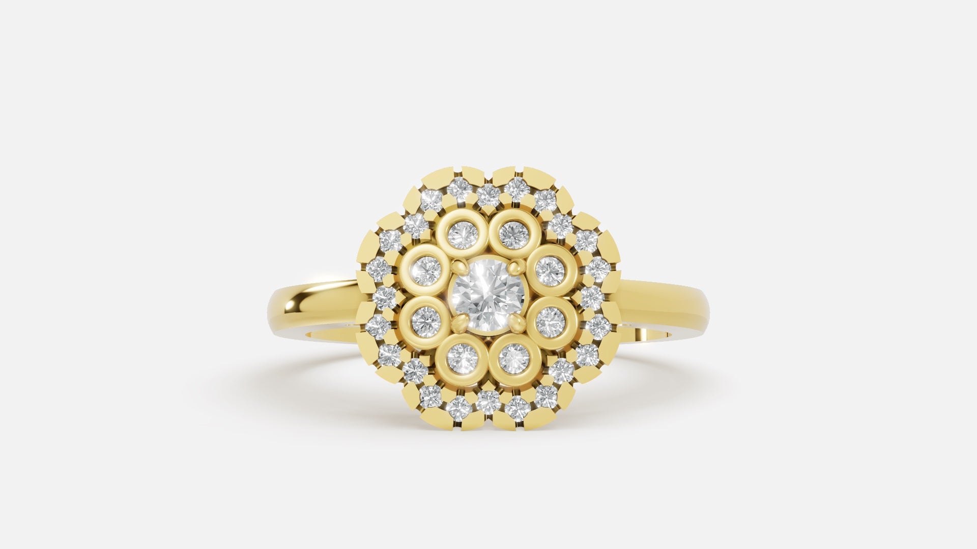 Gold Round Cluster Diamond Halo Ring Front View