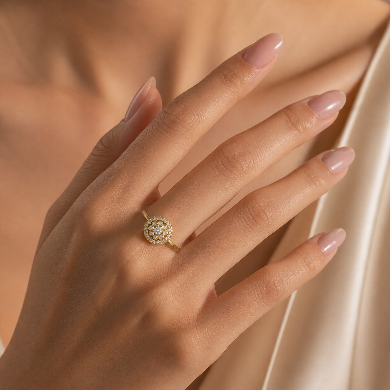 Gold Round Cluster Diamond Halo Ring Hand view